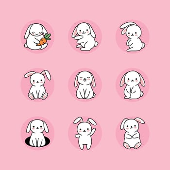 Nine Cute Cartoon Rabbits in Playful Poses vector