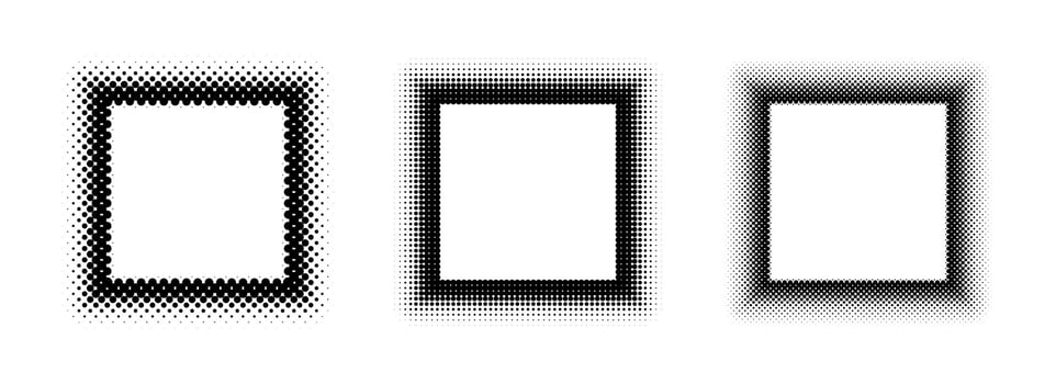 Black halftone square frame set. Dotted gradient border collection. Pop art comic dot picture holders for banner template, emblem, poster, box, copy space. Rasterized frame element pack vector