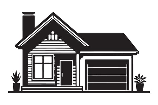 Silhouette Suburban Home With Garage and Potted Plants vector