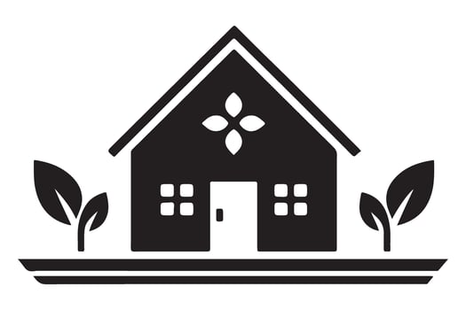 Simple home illustration with plants in silhouette design vector