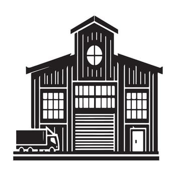 Detailed Farm Building Silhouette with Truck Illustration Art vector