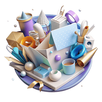 vibrant creative Chaotic Arrangement of Office Supplies Transparent Background detailed png