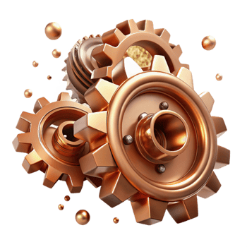 dramatic contemporary Copper Brown Metallic Gears Isolated with Transparent Background and Industrial Design original png