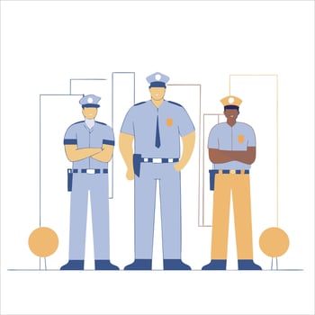 Three police officers in uniform standing confidently with arms crossed, representing law enforcement and community safety. illustration vector