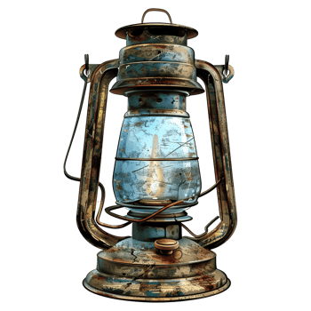 An antique oil lantern showcases rust and weathered glass features png