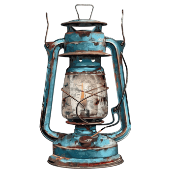 A vintage lantern displaying wear and rust with a bright light inside png