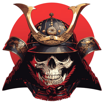 A skeletal warrior with elaborate helmet against a red circle png