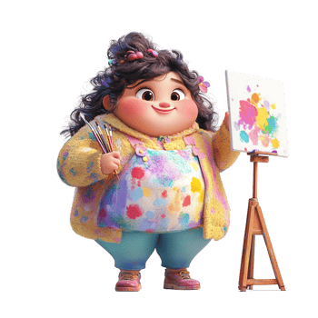 A happy artist holding brushes and painting on a canvas png