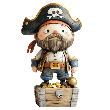 A stylized cartoon pirate with treasure chest and coins png