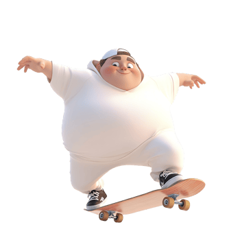 Animated character performing a trick with his skateboard and smiling png