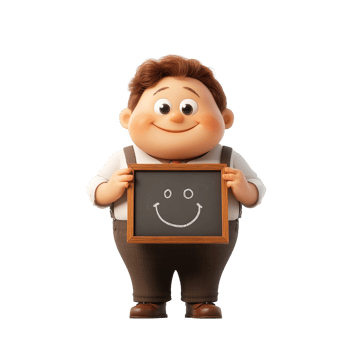 A smiling cartoon man is holding a small chalkboard sign png