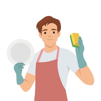 Cheerful man wearing gloves and an apron holds a plate and sponge, prepared to wash the dishes. vector