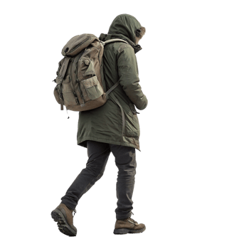 A loney traveler walking alone with backpack on transparent background png