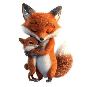Affectionate fox mother embracing her cute little fox cub very gently png