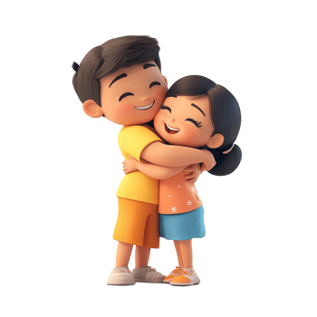 Two smiling cartoon children are enjoying a warm embrace of affection png