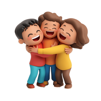 Three cartoon figures joyfully hugging in a display of togetherness png