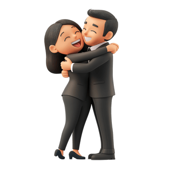Two cartoon figures embrace in joyful and loving happiness together png