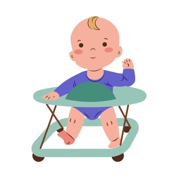 Cute baby walker. A little kid waving hand sitting on baby walker. vector