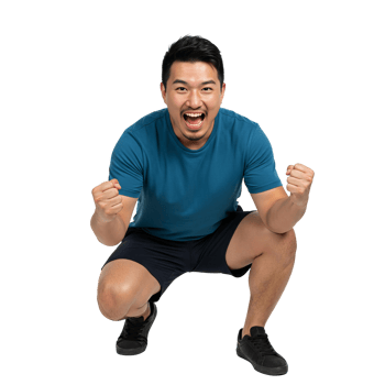Asian Man Excited Squat Position Wearing Blue T-shirt, Black Shorts, and Shoes png