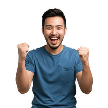 Excited Young Man Celebrating Victory with Fists Raised png