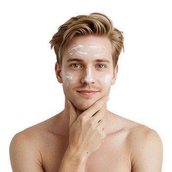 Young Man Applying Skin Care Cream with Thoughtful Expression png