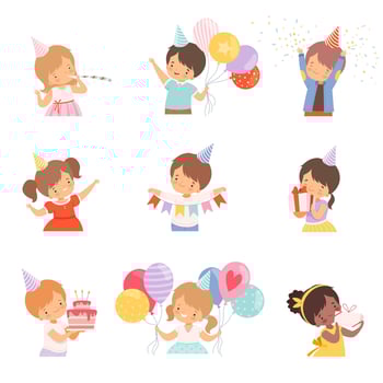 Little Children Celebrating Birthday Holding Festive Attributes Illustrations Set vector