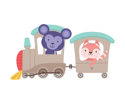 Cheerful Bucket Ears Monkey and Whiskered Cat Driving Toy Wheeled Train Illustration vector