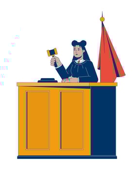 Latina judge woman with gavel making verdict at courtroom desk 2D cartoon character. Legal authority. Professional judiciary female flat person isolated on white. Spot illustration colorful vector