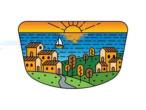 village and sunset natural scenery in the frame illustration vector