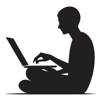 Silhouette Person Sitting Cross Legged Using Laptop Illustration Design vector