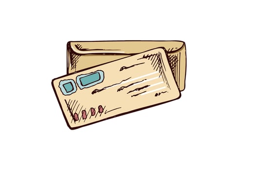 Hand-drawn envelope and postcard with soft pastel colors in vintage engraved style vector