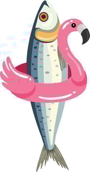 Funny sardine with pink flamingo inflatable pool float vector