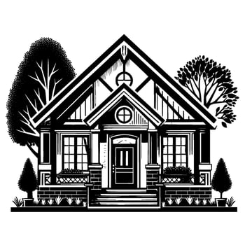 style blackandwhite illustration of a charming cottage with trees and garden details, featuring a symmetrical . vector