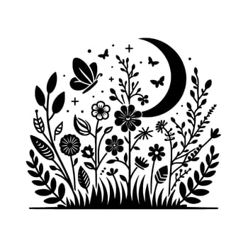 A stylized black and white depiction of a tranquil moonlit garden, featuring wildflowers, butterflies, and a crescent moon. vector