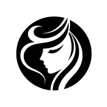 Elegant Silhouette A stylized, black and white of a womans profile within a circular frame, emphasizing flowing hair and delicate features. vector