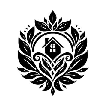 An elegant, black and white house featuring a stylized home within a laurel wreath, exuding a sense of nature and home. vector