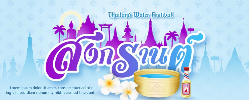 Poster design of Songkran water festival in papercut style with wording of event on Thailand landscape, Thai art pattern and blue background. Thai texts is mean Songkran Festival in English vector