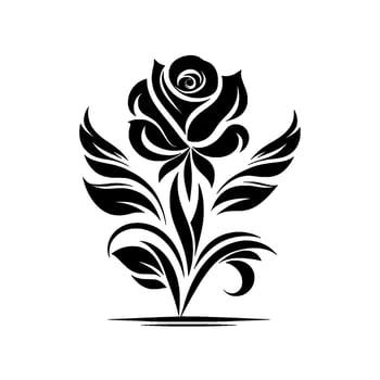 Elegant Black Rose Silhouette with Graceful Leaves and Floral Accents, Art vector
