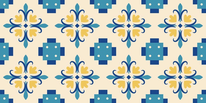 Mediterranean ornamental seamles pattern. Azulejos endless geometric border. Portugal, Mexican, Italian, Moroccan, Turkish, Spanish tiles backgroound. Blue and yellow ceramic design. . vector