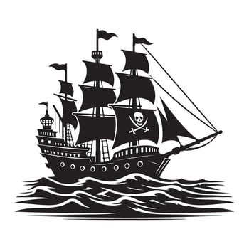 Vintage Pirate Ship Silhouette Illustration Sailing on the Sea Waves vector
