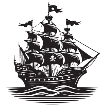 Pirate Ship Silhouette Illustration with Skull and Crossbones Flag vector