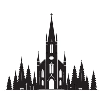 Serene Church Silhouette Surrounded by Nature Pine Trees Artwork vector