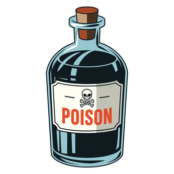 Magic poison bottle. Glass bottle with a mysterious elixir, labeled with a skull. Ideal for fantasy, alchemy, and witchcraft themed designs. illustration isolated on white. vector