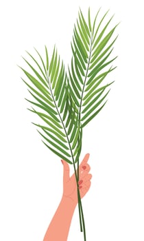 Palm Sunday celebration. Hand raised with palm branches on white background. Concept of unity of Christian faith. postcard. Cartoon. vector