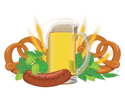Composition of foaming beer, hops, barley ears, sausages and traditional German pretzels. illustration for Oktoberfest festival. Clipart for invitation. vector