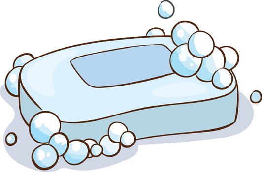 Cool cartoon wet soap bar with foamy bubbles. Funny retro rectangular bath solid soap, toilet hygiene, body care and cleanliness mascot illustration vector