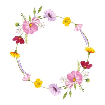 Wreath with meadow bright flowers. Watercolor vector