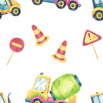 Watercolor cement mixers, traffic cones, and warning signs in a seamless pattern. Ideal for gift wrap, branding, textile prints, and construction-themed paper goods png