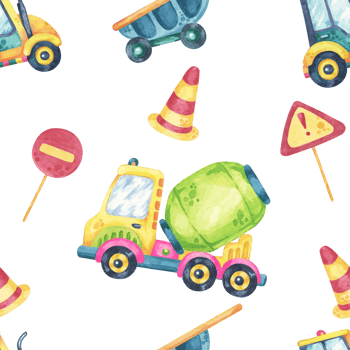 Watercolor dump trucks and cement mixers with road elements in a seamless pattern. Great for textiles, home decor, themed party supplies, and childrens stationery png