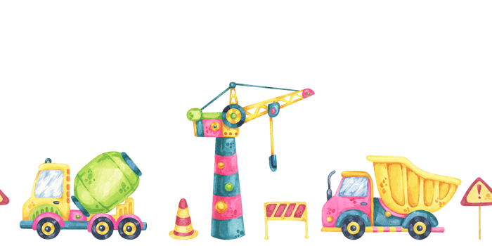 Cranes, dump trucks, and construction barriers. Seamless border construction site, toys watercolor clipart. Suitable for branding materials, nursery designs, or engineering-themed packaging png